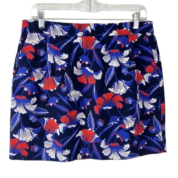J. Crew Factory Woven Textured Mini Skirt Women's 10 Blue Red Floral A-Line EUC - Picture 1 of 11